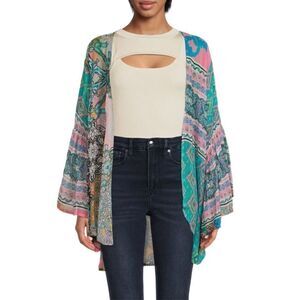 SAACHI Ruffle Printed Open Kimono Blue, Pink One Size